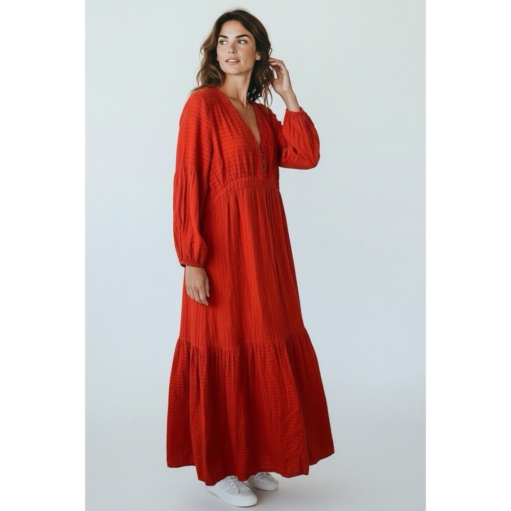 Anthropologie Amadi Alisha Linen Maxi Dress XL Long Sleeves Textured Holiday Red - Picture 16 of 16